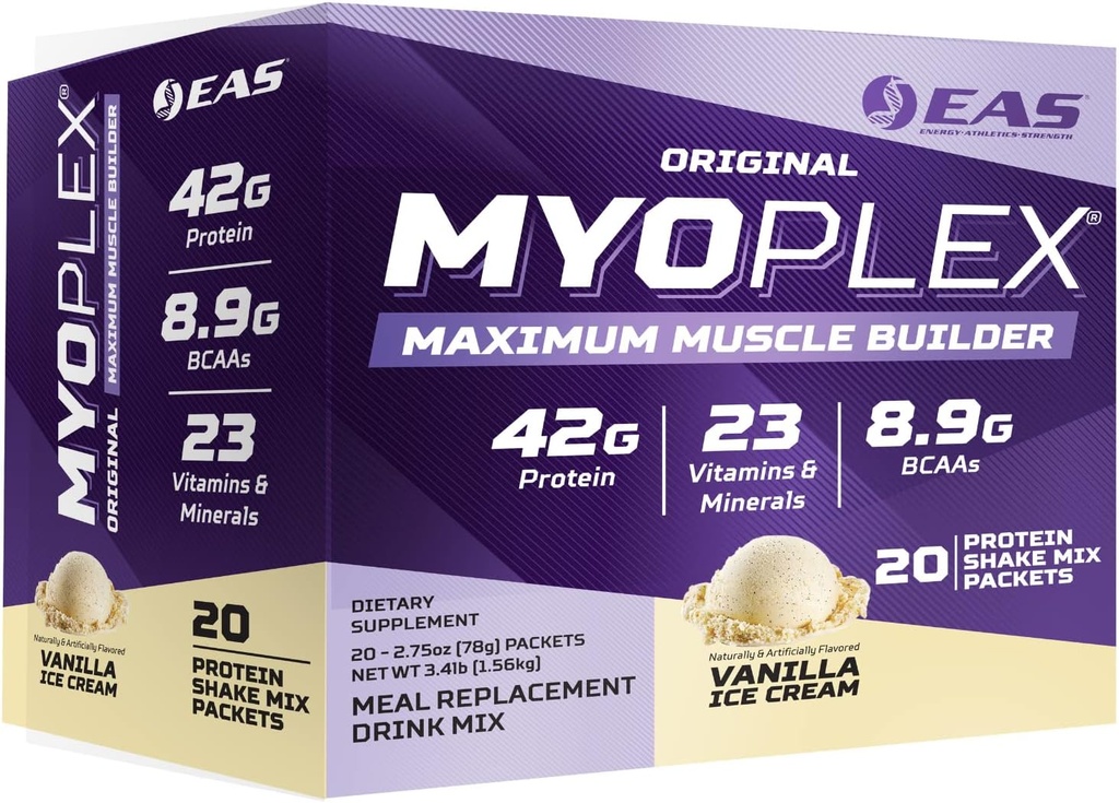 EAS Original Myoplex Maximum Muscle Builder | Meal Replacement Protein Drink Mix | Quality Protein Blend | 42g Protein | 20 Individual Packets (Vanilla Ice Cream)