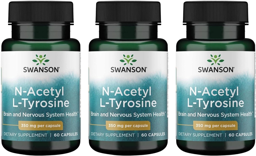 Swanson N-Acetyl L-Tyrosine - Amino Acid Supplement Supporting Overall Brain Health & Central Nervous System Function - Promotes Mood & Cognitive Health - (60 Capsules, 350mg Each) 3 Pack