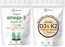 Micro Ingredients Vitamin D3 10,000iu + K2 200mcg Coconut Oil Softgels & Vegan Omega 3 Algae Oil Supplement Bundle 2 Pack | Essential Sunshine Vitamins | Omega-3 Full Spectrum Alternative to Fish Oil