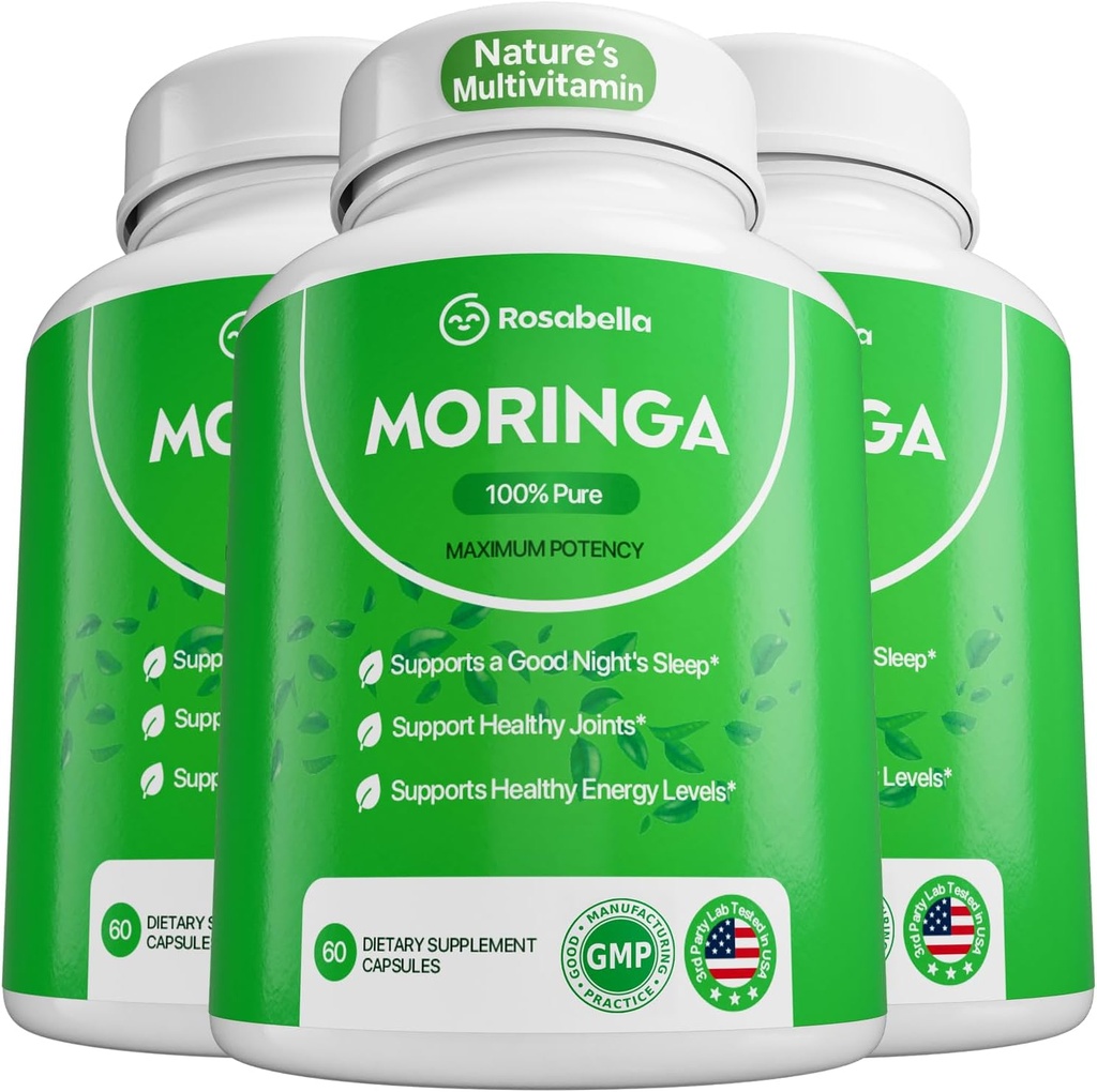 Rosabella Moringa Capsules - Pure Moringa Powder, Energy, Skin, Immune & Gut Health Superfood, Rich in Antioxidants, Essential Vitamins & Amino Acids, Natural Green Superfood Supplement - 180 Count