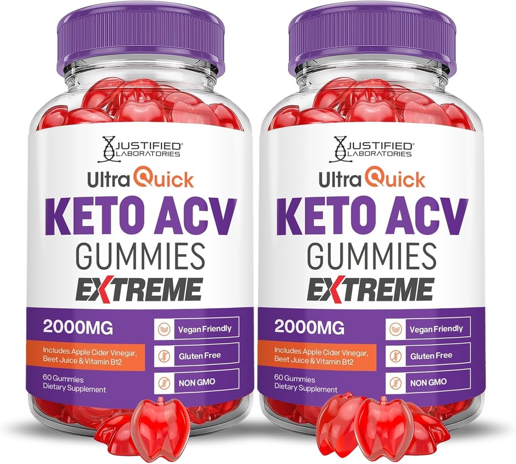 Justified Laboratories (2 Pack Ultra Quick Keto ACV Gummies Extreme 2000MG Ultraquick Keto Gummies Apple Cider Vinegar Formulated with Pomegranate Beet Juice Powder B12 Vegan Non GMO 120 Gummys