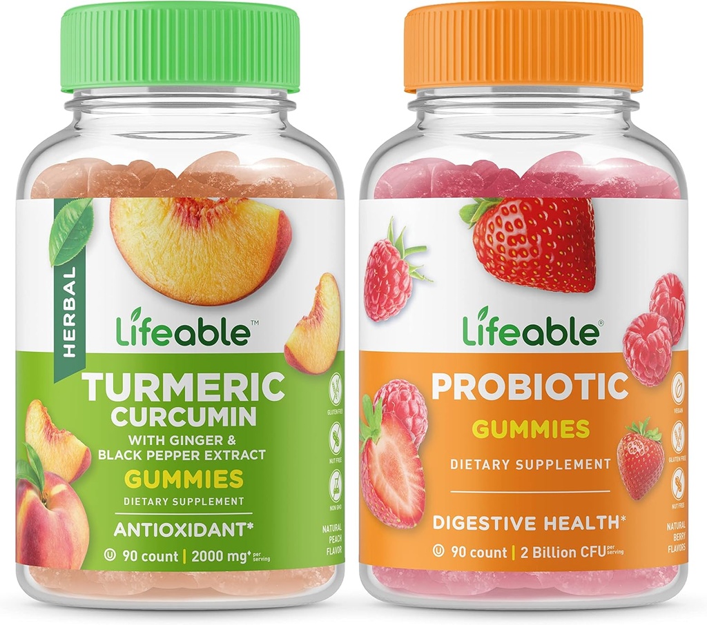 Lifeable Turmeric Curcumin + Probiotic 2 Billion CFU, Gummies Bundle - Great Tasting, Vitamin Supplement, Gluten Free, GMO Free, Chewable Gummy