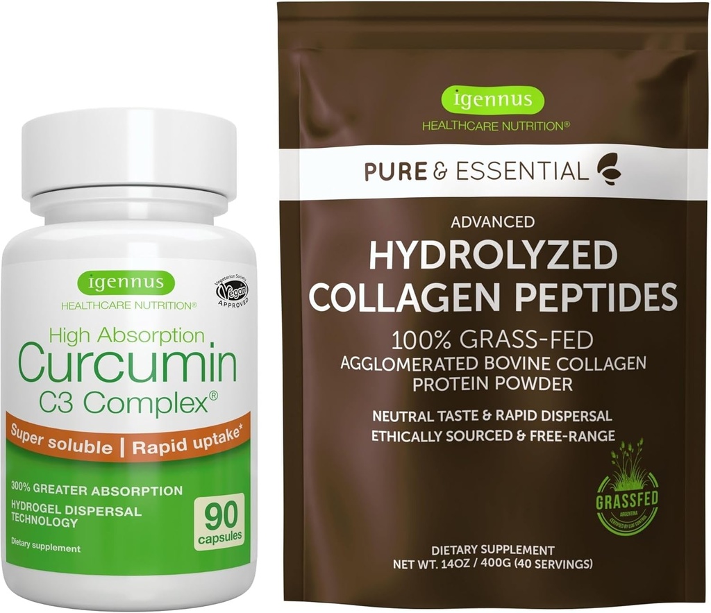 100% Grass-Fed Bovine Collagen Powder + High Absorption Curcumin C3 Complex Sport & Recovery Bundle, 300% Greater Absorption Curcuminoids with Rapid Uptake, by Igennus