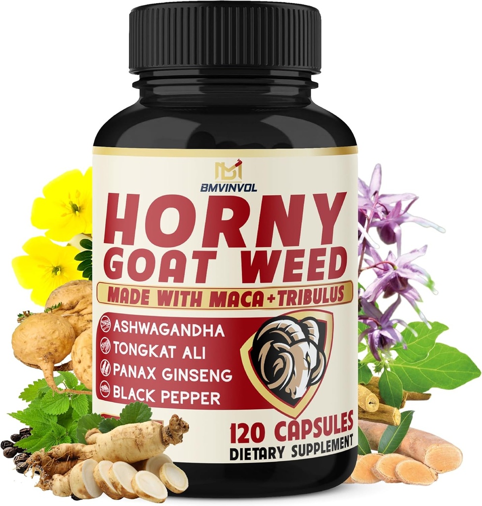 BMVINVOL Horny Goat Weed for Men and Women with Maca, Tribulus, Ginseng, Ashwagandha, Tongkat Ali - 120 Capsules for 4 Month Supply