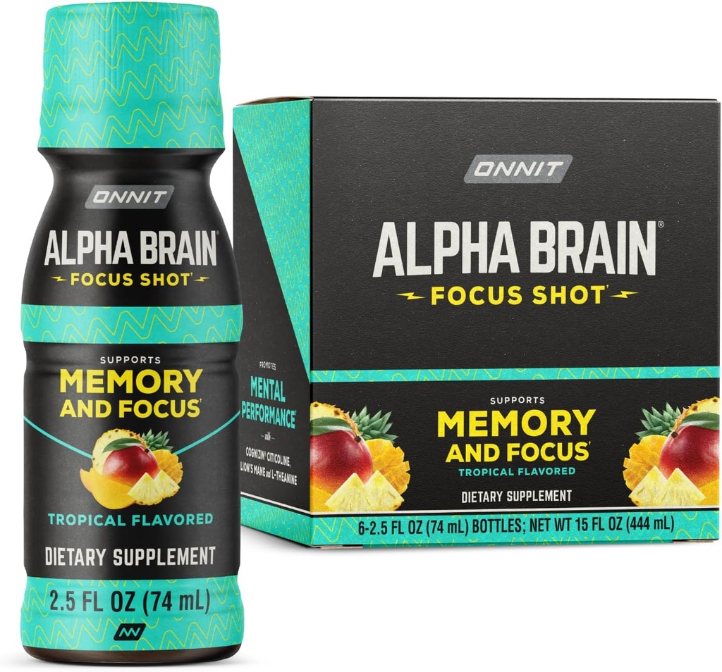 ONNIT Alpha Brain Focus Shot, Tropical Flavor, Nootropic Dietary Supplement Drink That Supports Energy, Focus, and Mood, IGEN™ Non-GMO Tested, 2.5 fl oz, 6 Count