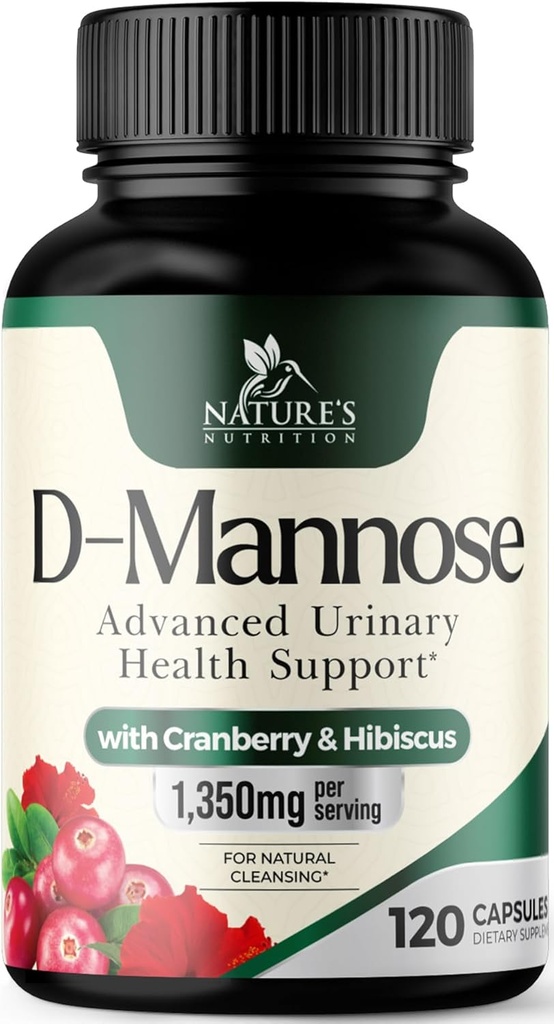 D-Mannose Supplement 1,350 mg with Cranberry & Hibiscus - Effective Fast-Acting, Flush the Impurities for Natural Bladder, Urinary Tract Health Support, for Women and Men, Non-GMO, Vegan, 120 Capsules