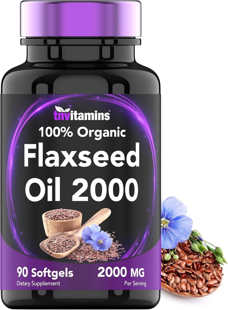 tnvitamins Organic Flaxseed Oil Softgels: 2000 mg - 90 Softgels | High in Omega-3 Fatty Acids | Flaxseed Oil Supplement for Women & Men | Non-GMO