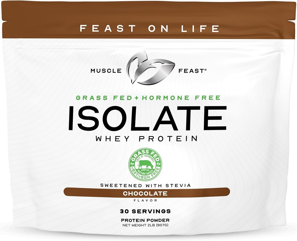 Muscle Feast Grass-Fed Whey Protein Isolate, All Natural Hormone Free Pasture Raised, Whey Isolate Protein Powder for Men and Women, Clean, Gluten-Free, Delicious Isolate Protein - Chocolate, 2lb