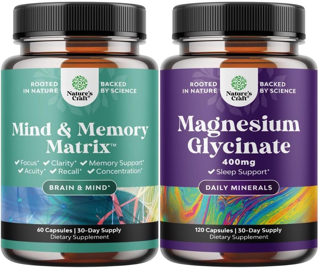 Bundle of Advanced Brain Supplement for Memory and Focus and Magnesium Glycinate Capsules for Adults - Memory Supplement for Brain Fog Clarity Energy and Recall - Sleep Support Immunity & Bone Health