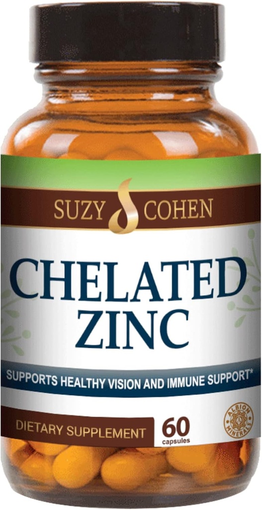 Suzy Cohen Chelated Zinc Supplements - 60 Capsules Gentle on The Stomach - Zinc is for Healthy Cell Growth and DNA Formation - Supports Healthy Immune Function and Skin Health
