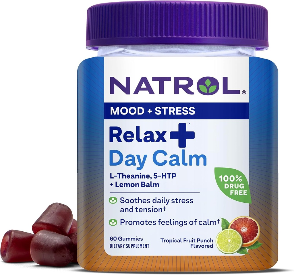 Natrol Mood+ Stress Relax+ Day Calm Gummies for Occasional Stress, Tropical Fruit Punch, 60 Count, 60 Day Supply