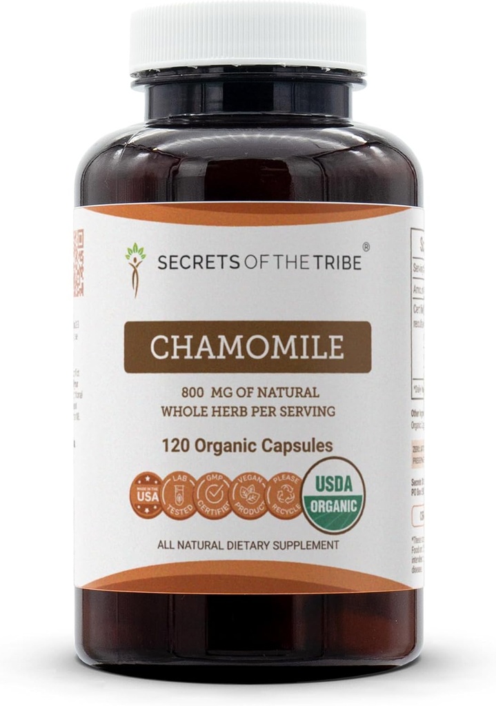 Secrets of the Tribe Chamomile USDA Organic 120 Capsules | High-Potency Herbal Supplement | Made with Vegetarian Capsules and Organic Chamomile (Matricaria recutita) Dried Flower (120 Count)