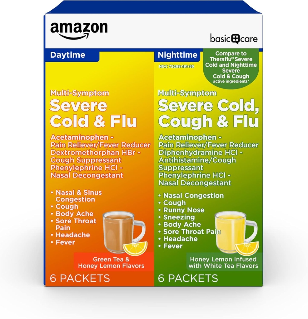 Amazon Basic Care Severe Cold, Cough and Flu Medicine Powder Packets, Daytime and Nighttime Combination Pack, Green Tea & Honey Lemon, 12 Count