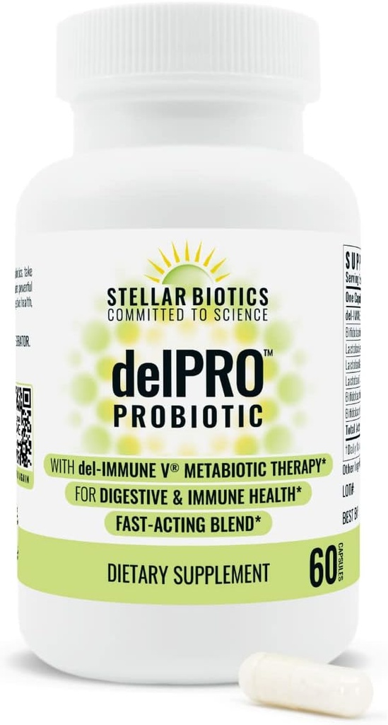 Stellar Biotics - Delpro Probiotic (+ Del-Immune V & Prebiotic Blend) Promotes Optimal Gut Health, Digestion, Immune Support & Mood (60 Capsules)