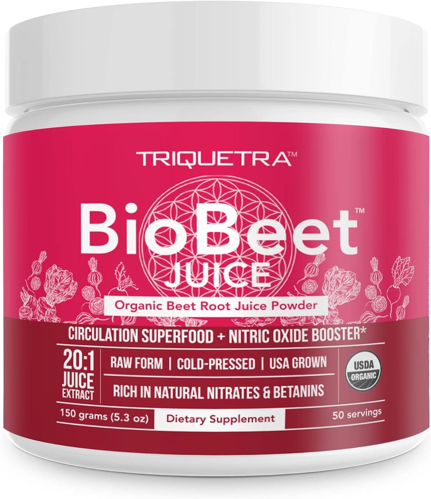 BioBeet® Max Strength Beet Root Juice Powder – 20:1 Concentrate, Each Serving Derived from 60,000 mg Organic Beetroot - Cold-Pressed, USA Grown – Nitric Oxide, Circulation Support – 50 Servings