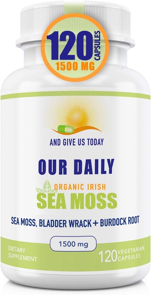 Our Daily Vites Organic Sea Moss 1500 MG 120 Ct Wildcrafted Irish Sea Moss Bladderwrack and Burdock Root Capsules Wildcrafted Vegan and Seamoss Superfood Supplement