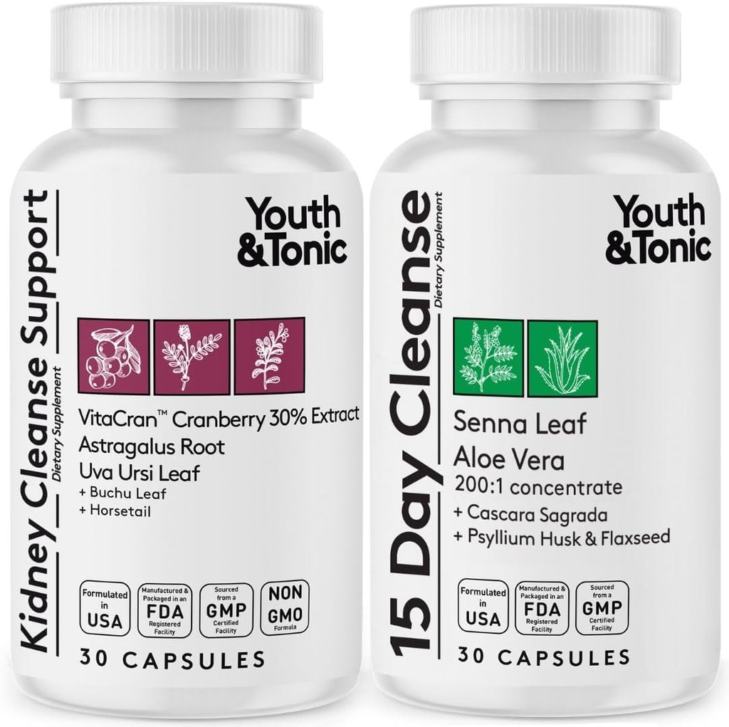 Youth & Tonic 15 Day Colon & Kidney Cleanse — Supports Occasional Constipation & Bloating; Urinary Tract Health — Senna & Cranberry — 60 Pills for Men & Women