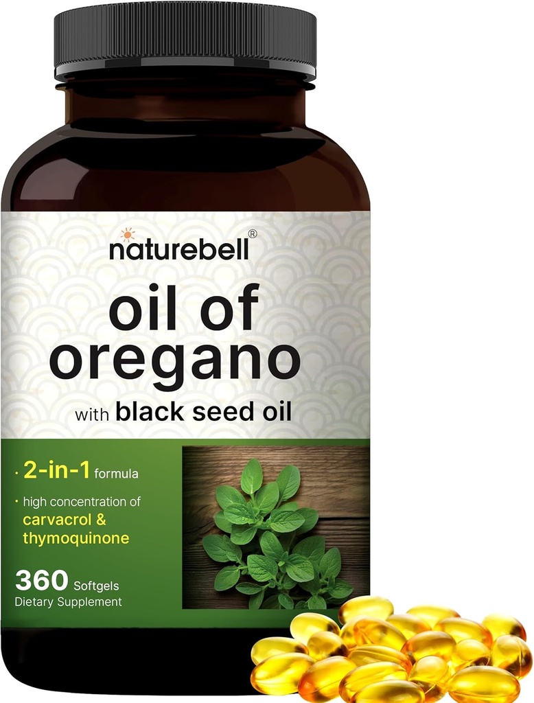 NatureBell Oregano Oil 7,500mg with Black Seed Oil, 360 Softgels | 360-day Supply Essential Oils for Immune Health | Retains High Concentrated Carvacrol & Thymoquinone – Non-GMO