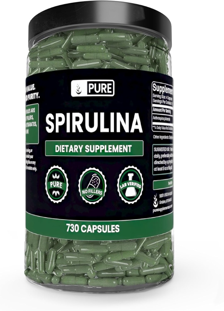PURE ORIGINAL INGREDIENTS Spirulina (730 Capsules) No Magnesium Or Rice Fillers, Always Pure, Lab Verified
