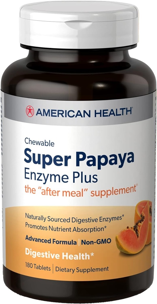 American Health Super Papaya Enzyme Plus - 180 Chewable Tablets - The After-Meal Supplement - Non-GMO - 60 Servings