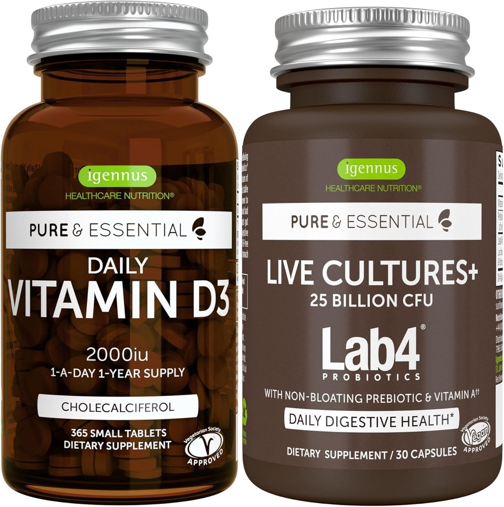 Daily Vitamin D3 + Live Cultures+ Lab4 Probiotics Bundle, 365 2000iu Vitamin D3 Tablets + 25 Billion CFU Lactobacillus Acidophilus & Bifidobacterium with Non-Bloating Prebiotic, by Igennus