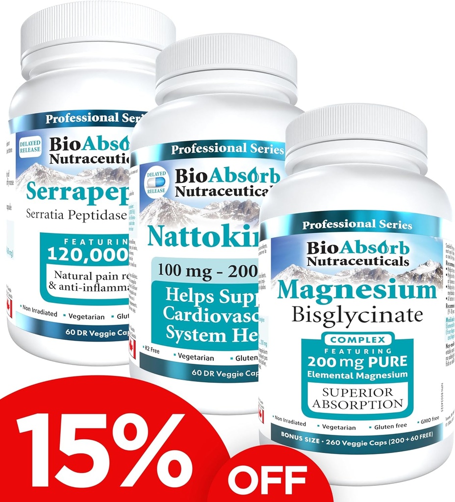 Bio Absorb Serrapeptase Enzyme 60 Caps - Nattokinase Supplement 60 Caps - Magnesium Bisglycinate 260 Caps Bundle