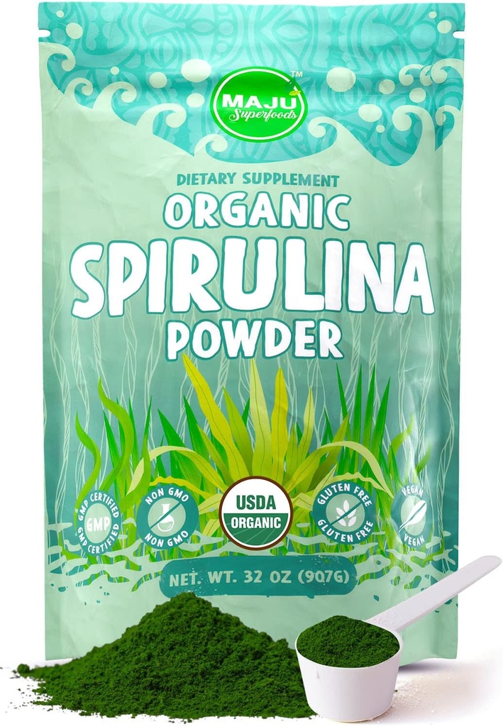 MAJU's Organic Spirulina Powder (2 Pound), Dark Rich Green, Non-Irradiated, Non-GMO, Vegan, Gluten-Free, Jumbo Size