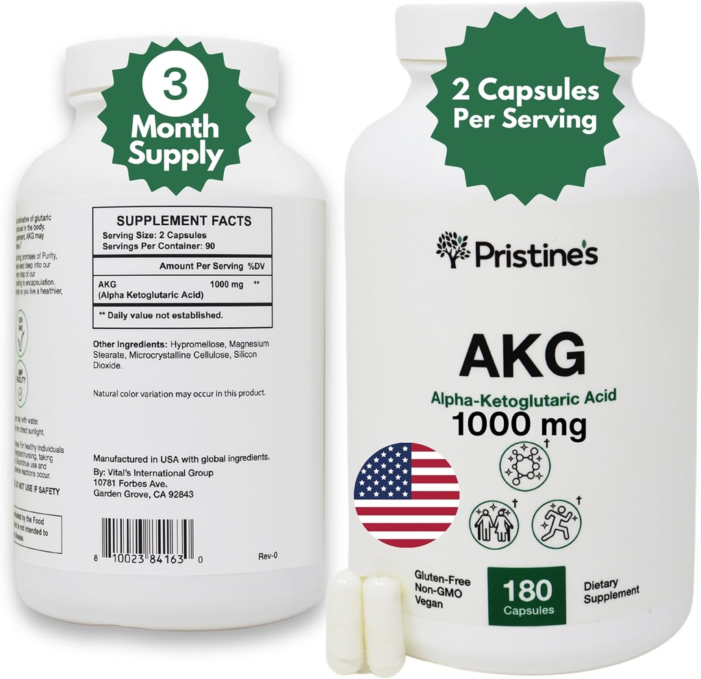 PRISTINE'S AKG Capsules 1000mg 90 Day Supply Energy Support & Anti Aging Supplement - Lean Mass & Longevity Support - Lung Health & Sports Nutrition Supplement