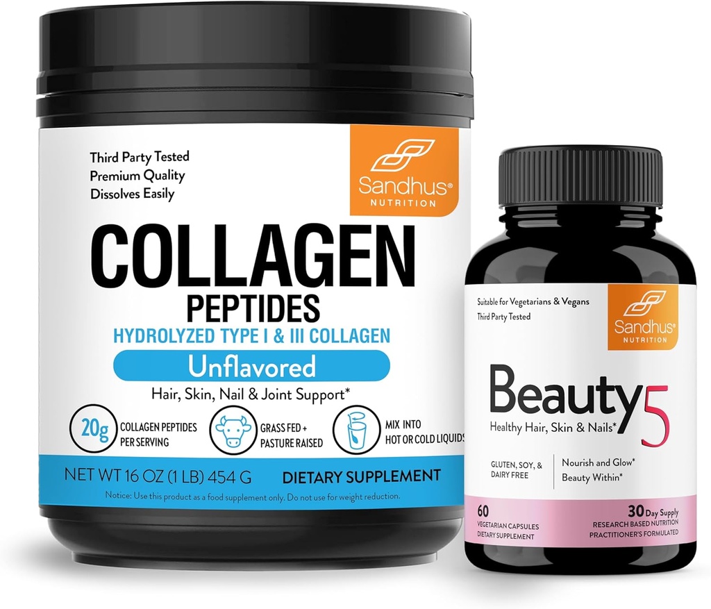 Sandhu's Grass-Fed Collagen Peptides Powder & Beauty 5 Capsules| Skin Supplements| Promotes Skin, Hair, Nail Health