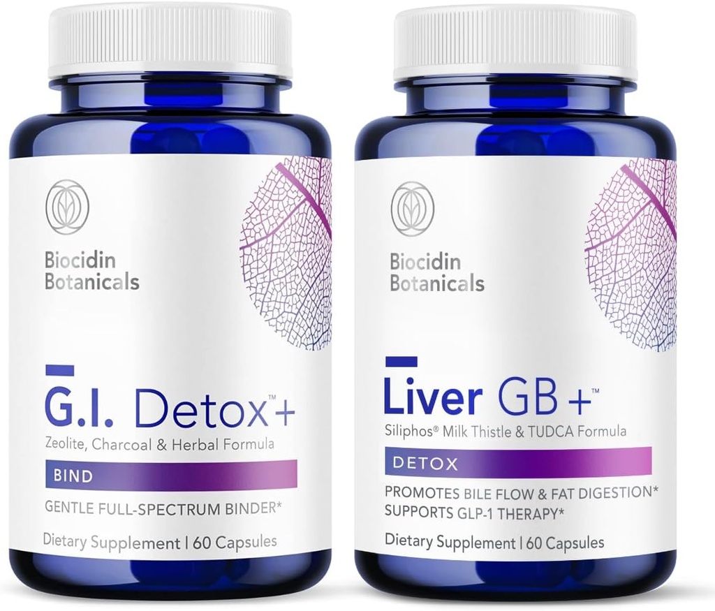 Biocidin G.I. Detox+ Gentle Binder & Liver GB+ Gallbladder Liver Support - Help Optimize Toxin Removal & Fat Digestion - Activated Charcoal, Zeolite, TUDCA & Bitter Herbs (2 Products)