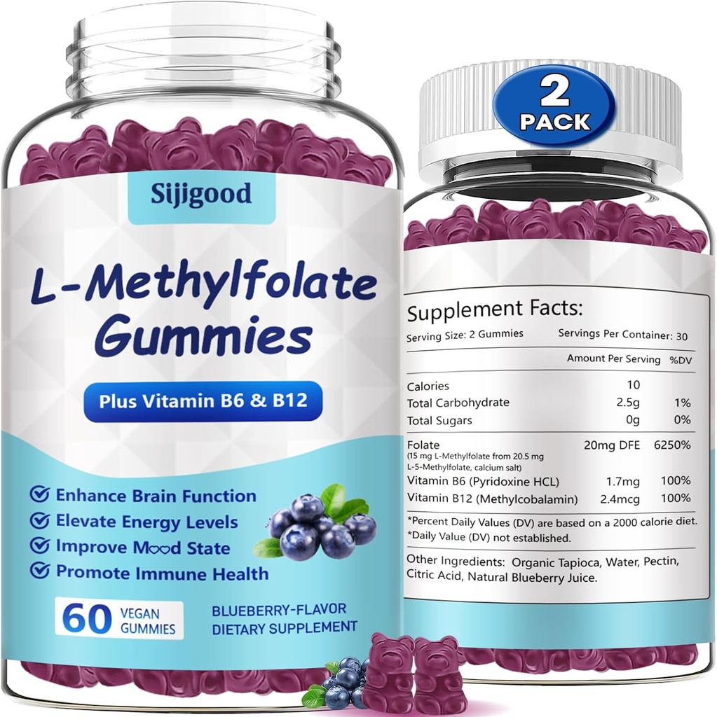 2 Pack L-Methylfolate Gummies with Methyl B12 - Empower Mood, Optimize Brain Health & Fortify Immune System. Blueberry Flavor 120 Count.