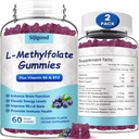 2 Pack L-Methylfolate Gummies with Methyl B12 - Empower Mood, Optimize Brain Health & Fortify Immune System. Blueberry Flavor 120 Count.
