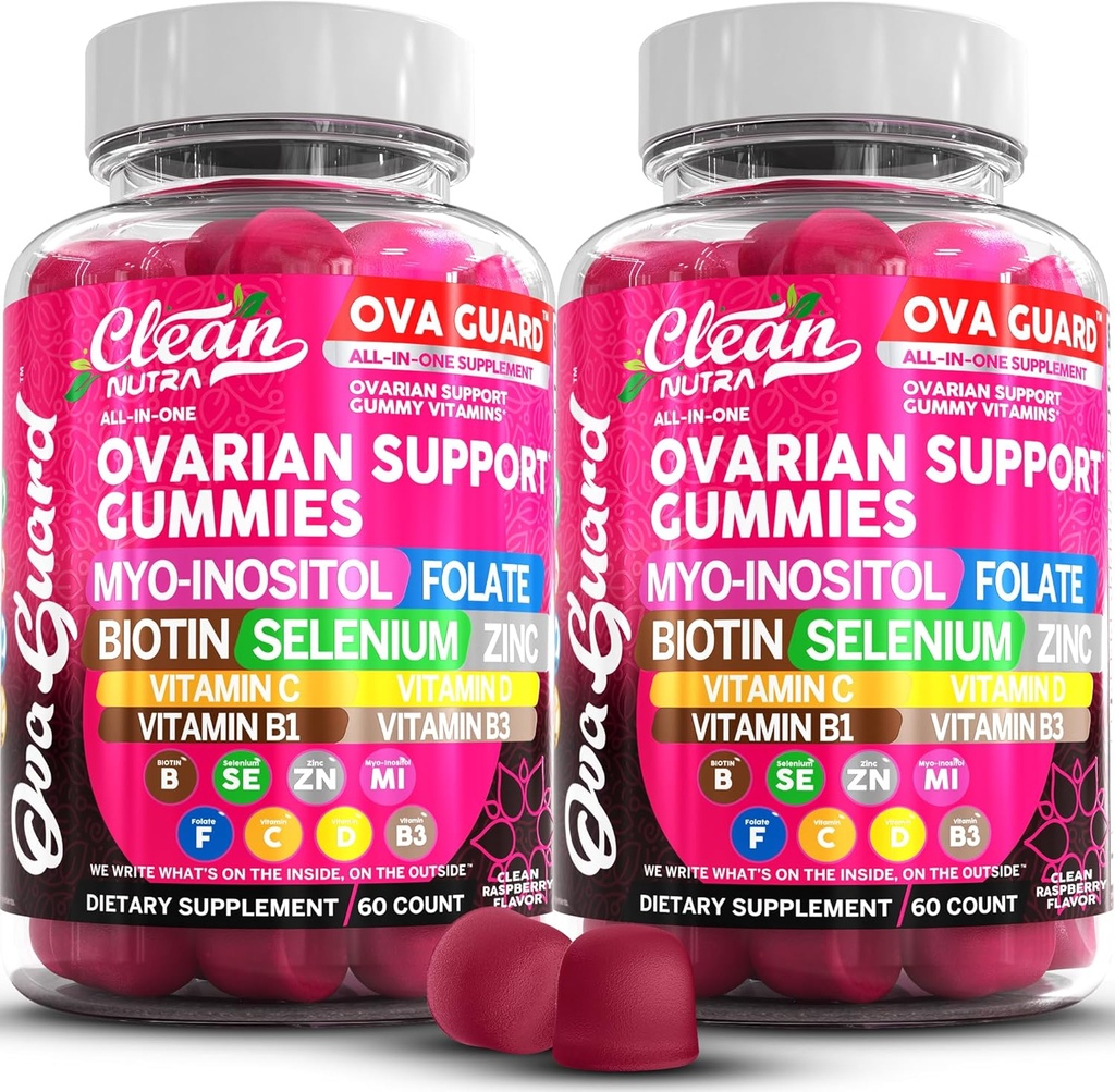 Ova Guard Biotin Gummies Myo-Inositol Folate Selenium Zinc Vitamin C Vitamin D Vitamin B1 Vitamin B3 Maca Root Ashwagandha Choline Bitartrate Flax Seed Stinging Nettle N Acetyl Cysteine By Clean Nutra