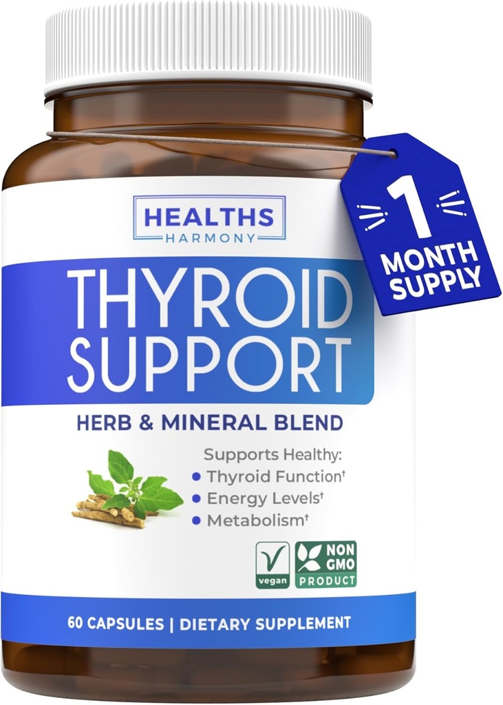 Thyroid Support with Iodine (Non-GMO) Improve Your Energy & Mood - Metabolism Booster Thyroid Health Supplement for Women and for Men - Ashwagandha, Zinc, B12 Complex - 60 Capsules