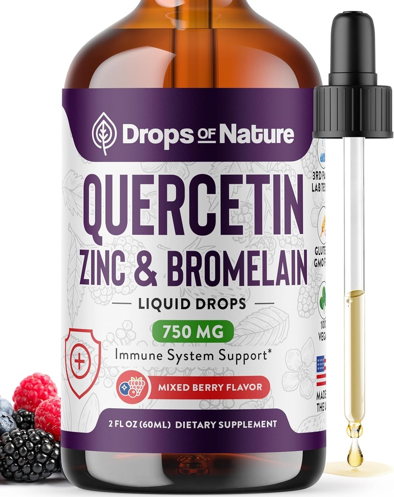 Quercetin with Bromelain & Zinc (5mg) Liquid Drops – Immune Support for Adults & Kids – Ultra-Concentrated Bioflavonoids – Immune Defense – Cellular Health – Vegan, Non-GMO, Gluten Free – 2 Fl Oz