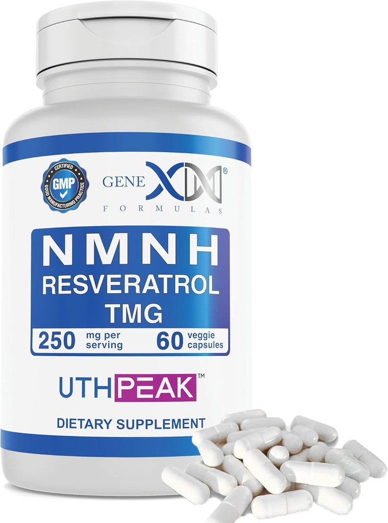 Genex Formulas 250mg NMNH + Resveratrol + TMG (60 Capsules - 30 Servings) | NMNH (Dihydronicotinamide Mononucleotide) + 98% Resveratrol + TMG for Healthy Aging - Non-GMO, Gluten-Free, Vegetarian