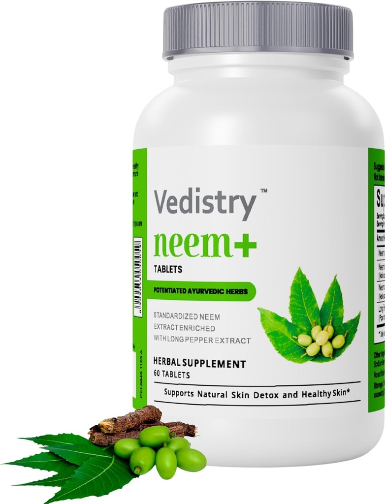Neem+ Leaf Extract Supplements | 1100mg Supports Clear Skin, Detoxification and Immune Health | Reduces Acne & Promotes Healthy Skin with Long Pepper | 60 Vegan Tablets