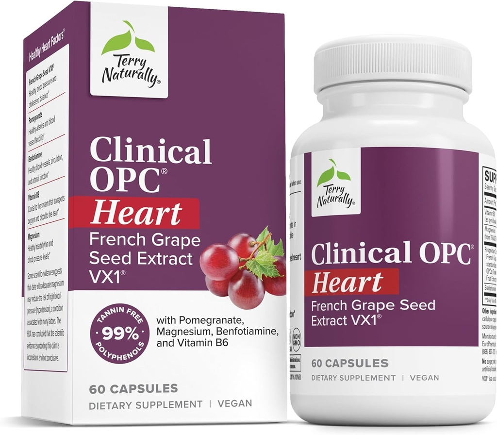 Terry Naturally Clinical OPC Heart - Heart Health Supplement with Magnesium, Vitamin B6, Grape Seed Extract - Dietary Supplement for Artery Health & Circulation - 60 Capsules