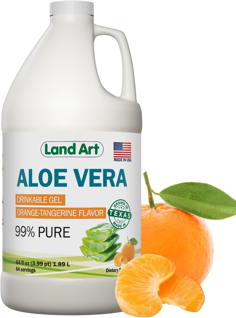 Land Art Pure Aloe Vera Drinkable Gel - Orange Tangerine Flavored - Cold-Processed Inner Filet - from Organic Fresh Leaves from Texas - for Heartburn Relief - Acid Reflux - 64 fl oz