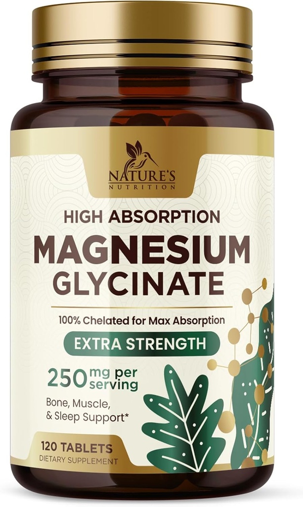 Magnesium (Glycinate) - Magnesium Supplement for Heart Health, Nerve, Muscle, Bone, and Sleep Support - 100% Chelated & High Absorption - 250 mg per Serving - Gluten Free, Vegan, Non-GMO - 120 Count