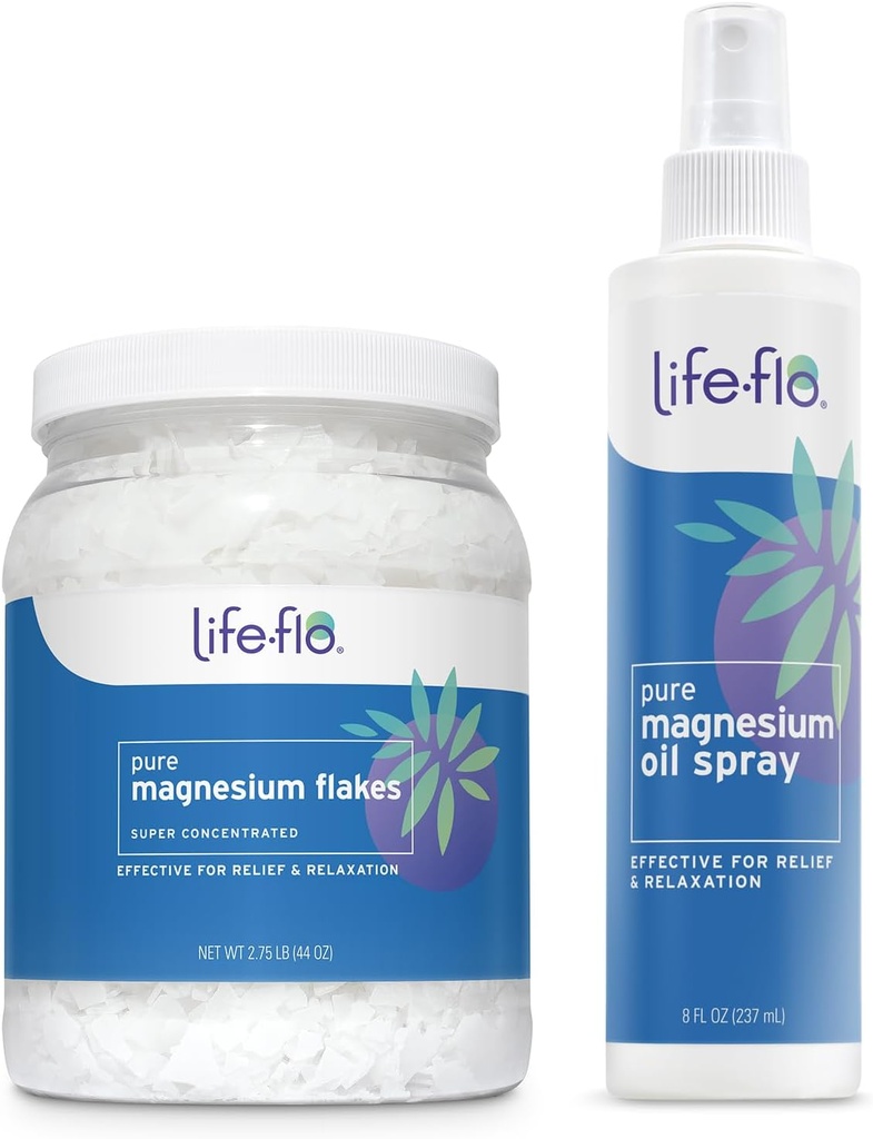 Life-flo Pure Magnesium Oil Spray 8oz and Magnesium Flakes for Bath 44oz - Magnesium Chloride from The Zechstein Seabed - Relief and Relaxation Bundle - Soothes Muscles and Joints - 60-Day Guarantee