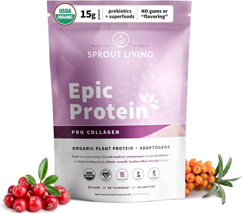 Sprout Living Epic Protein, Plant Based Protein & Superfoods Powder, Pro Collagen, Berry | 15 Grams Organic Protein Powder, Vegan, Non Dairy, Non-GMO, Gluten Free, Low Sugar (0.7 Pound, 12 Servings)
