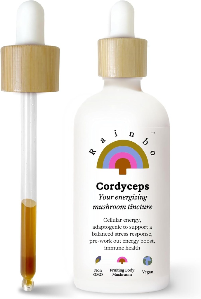 Rainbo - Cordyceps Mushroom Tincture - Alcohol Free - Dual Extract Mushroom Supplement - Immune Support, Energy, Liquid Cordyceps Supplement, Vegan, Non GMO, 3.4 fl oz