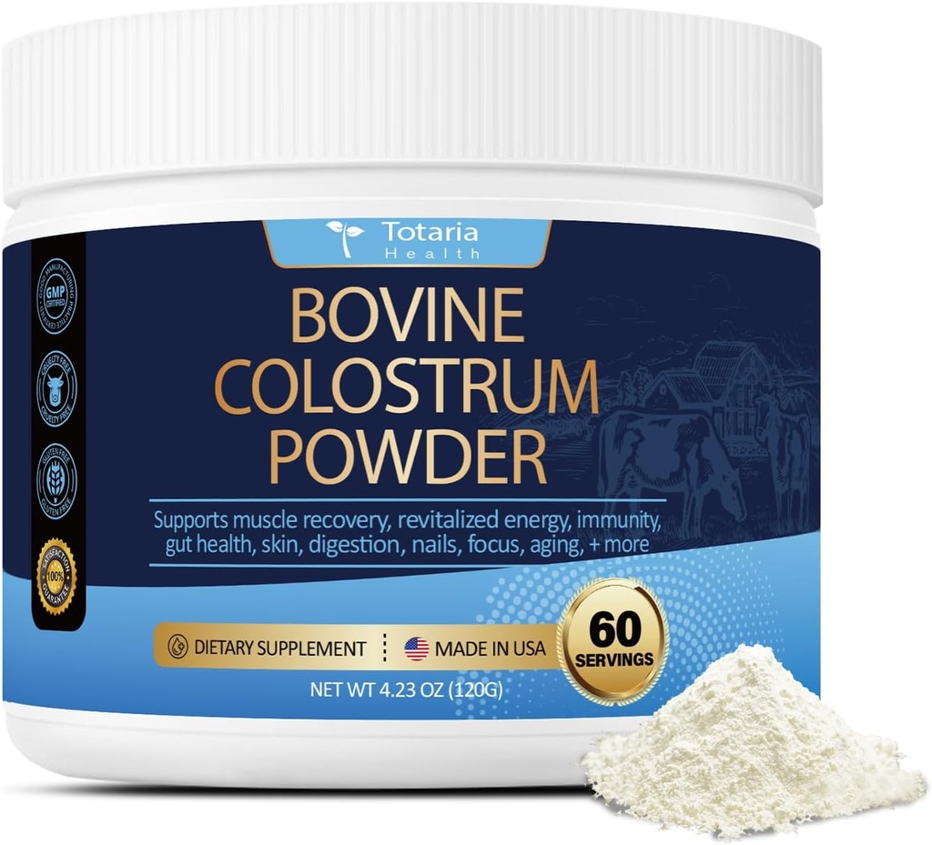 Totaria Bovine Colostrum Supplement Powder for Gut Health, Hair Growth, Beauty and Immune Support - USA Farm Grass Fed - No Fillers, GMP Certified Calostro Bovino para Adultos Organico, 60 Servings