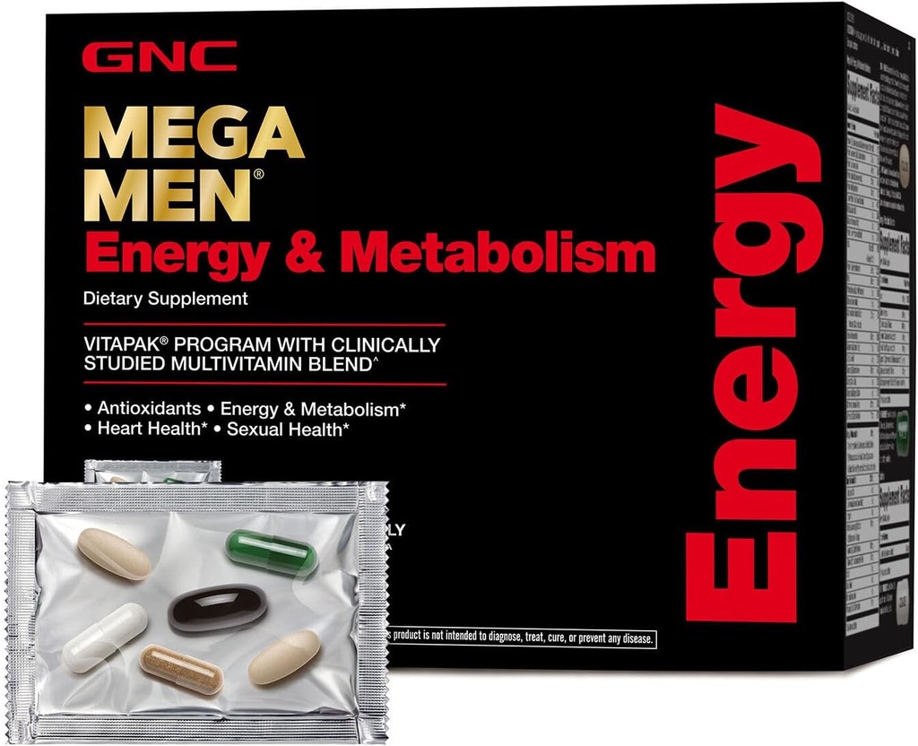 GNC Mega Men Energy and Metabolism Vitapak Program, Convenient, Complete Nutrition, 5 Products in 1 Packet, Calorie Burn, Thermogenic, 300mg Caffeine, 30 Daily Packs