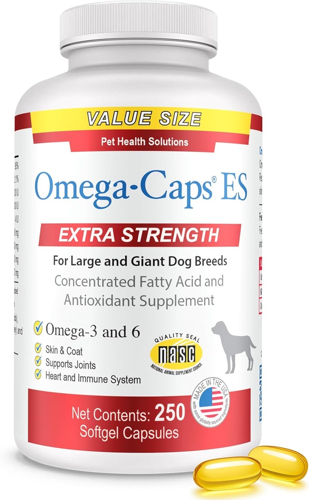 Omega-Caps ES for Large & Giant Dogs - Omega 3, Vitamins, Minerals, Antioxidants - Support Immune System, Joints, Heart, and Brain - 250 Softgel Capsules