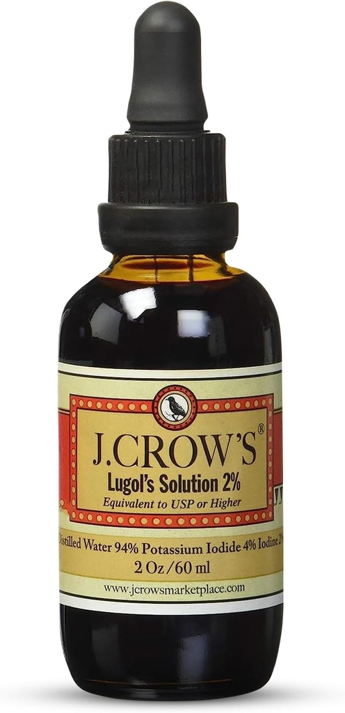 J.CROW'S® Lugol's Solution of Iodine 2% 2 oz (1 Bottle) – Premium Iodine & Potassium Iodide Liquid, Gluten &, Alcohol-Free Natural Brine Extract, No Expiration