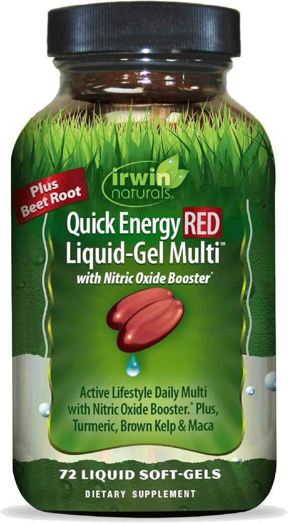 Irwin Naturals Quick Energy RED Liquid-Gel Multi with Nitric Oxide Booster - 72 Liquid Softgels - with Nitric Oxide Booster, Turmeric, Brown Kelp, Maca & Beet Root