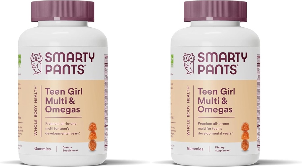 SmartyPants Teen Girl Multivitamin Gummies: Omega 3 Fish Oil (EPA/DHA), Vitamin C, D3, B12, Vitamin A, K & Zinc, Includes Biotin to Support Hair, Skin & Nails, 120 Count, Pack of 2 (60 Day Supply)