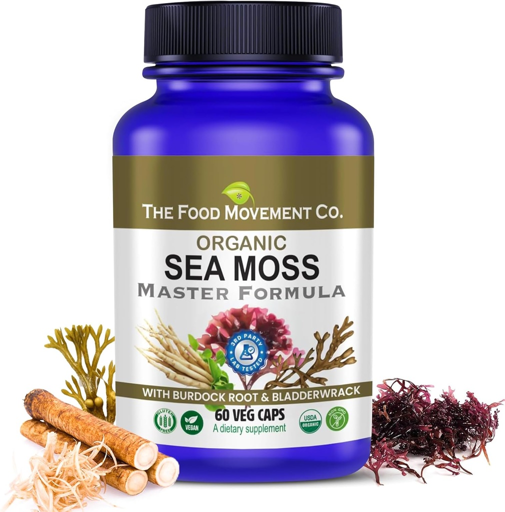 THE FOOD MOVEMENT CO. Sea Moss Master Formula with Burdock Root & Bladderwrack for Gut Health | Organic Vegan Supplement for Women & Men | Irish Sea Moss Blend for Optimal Well-Being (60)